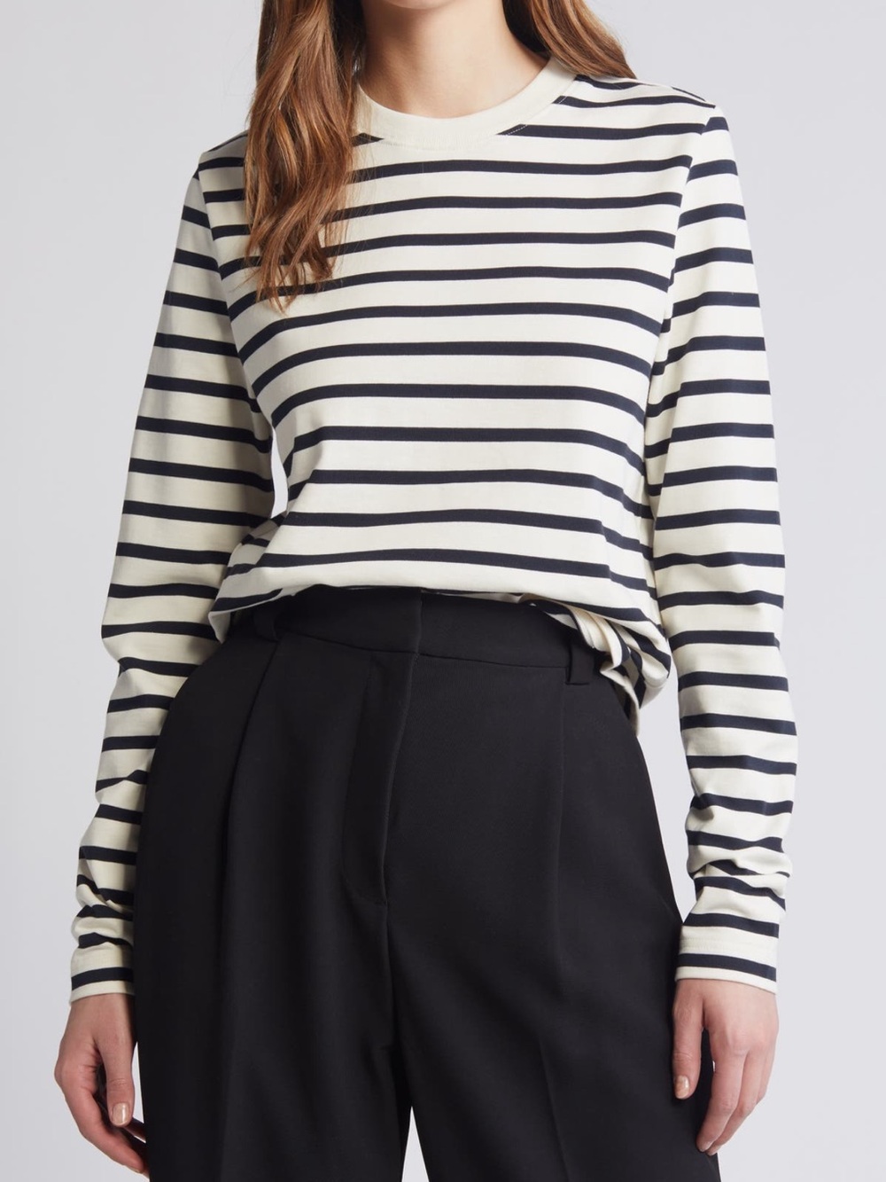 COS Cotton Striped Long-Sleeve Crewneck Top in Cream and Navy